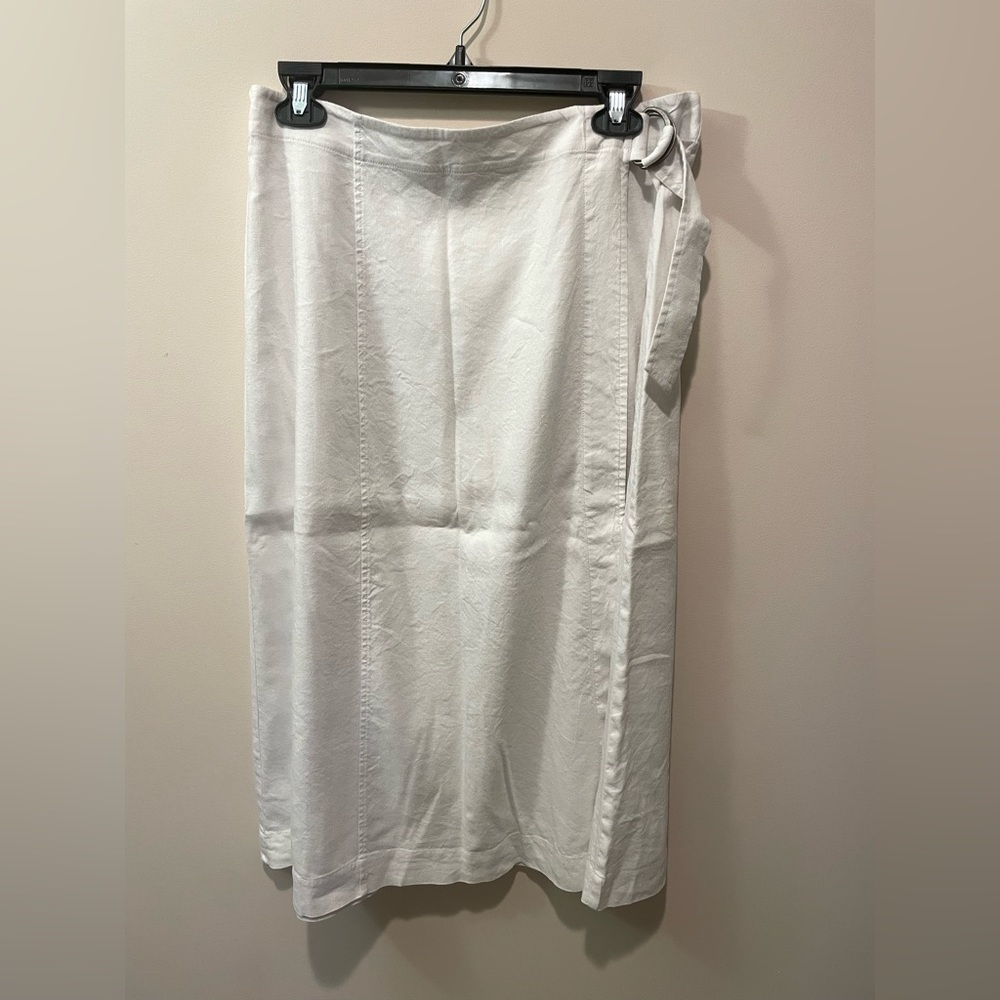 Linen Pendleton White Wrap-Style Midi Skirt with Side Tie